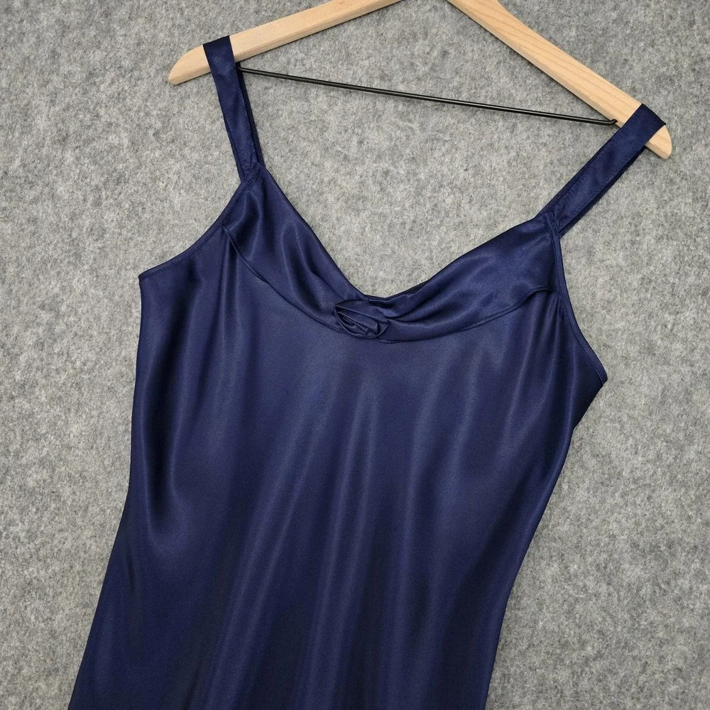Vtg California Dynasty Nightgown Womens M Navy Satin Rose Chemise‎ Slip Dress
